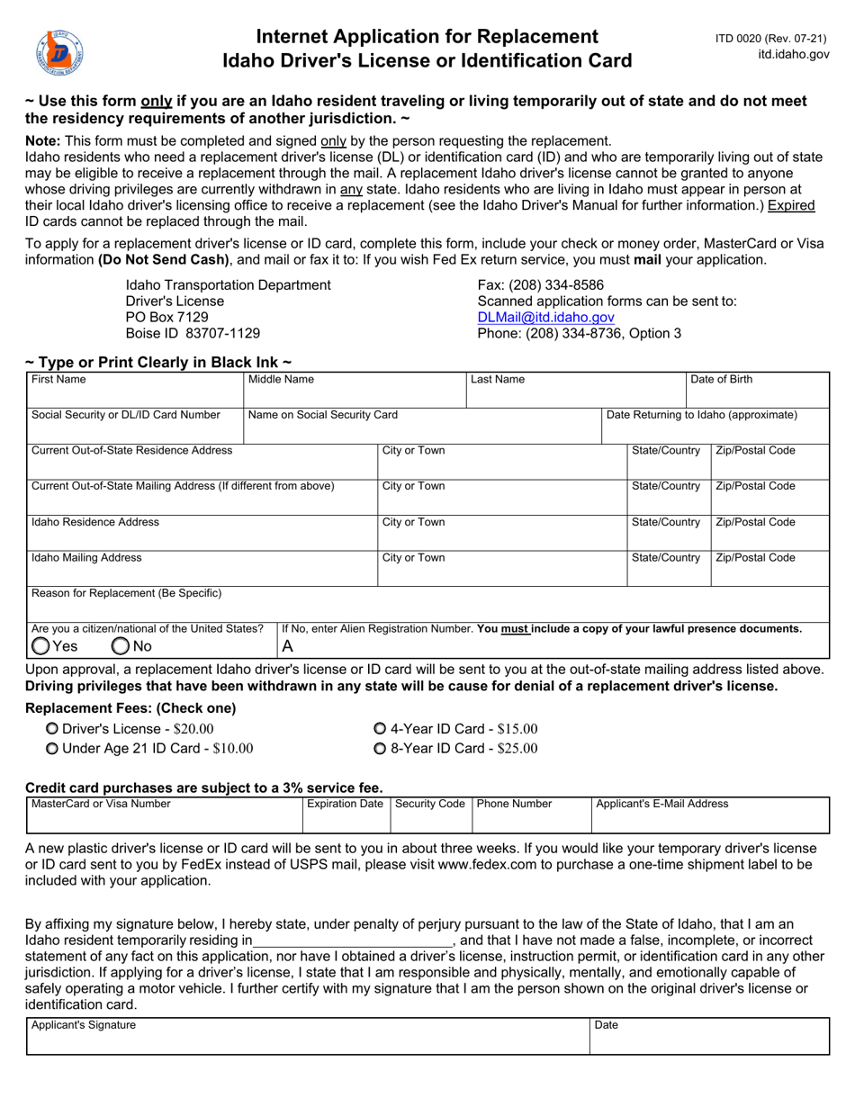 Form ITD0020 Internet Application for Replacement Idaho Driver's License or Identification Card - Idaho, Page 1