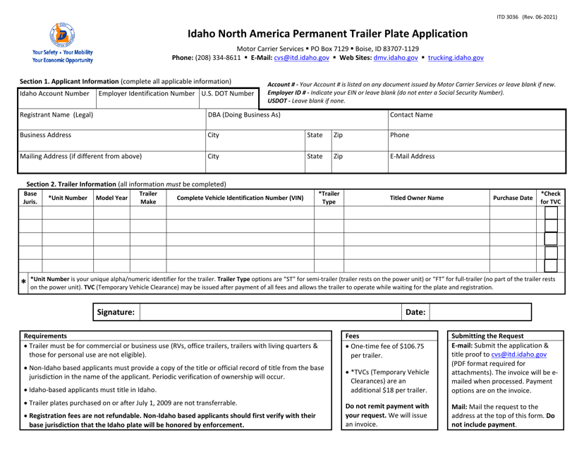 Form ITD3036 Idaho North America Permanent Trailer Plate Application - Idaho