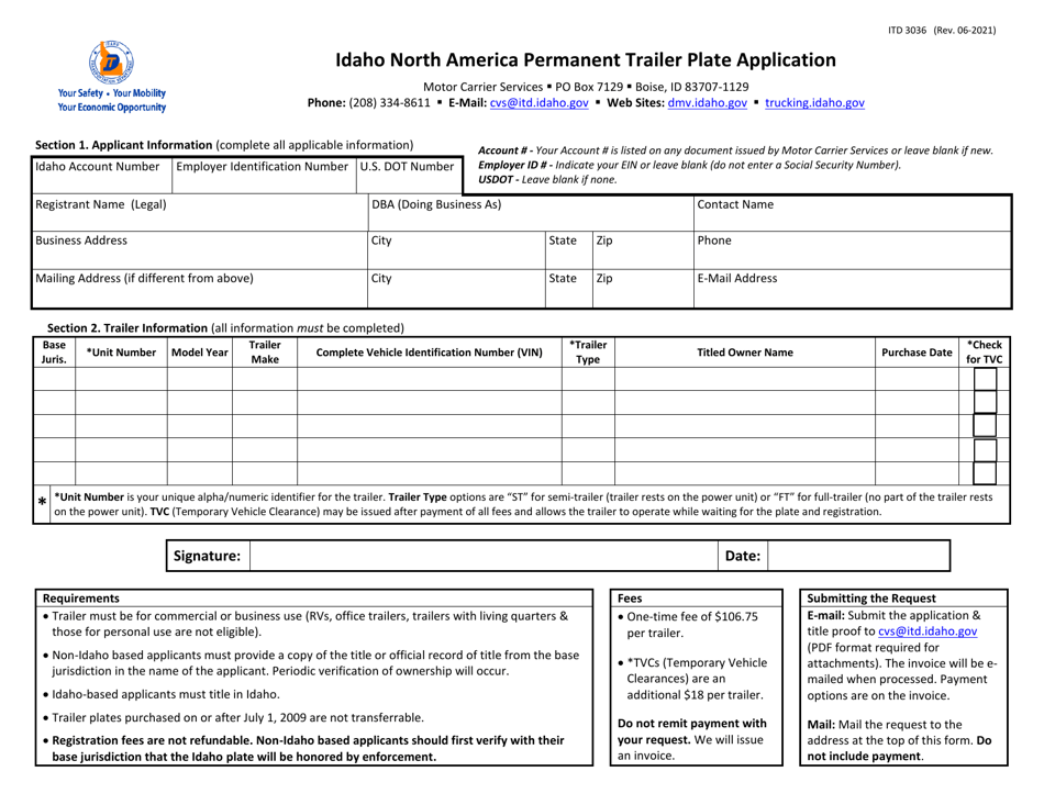 Form ITD3036 Idaho North America Permanent Trailer Plate Application - Idaho, Page 1