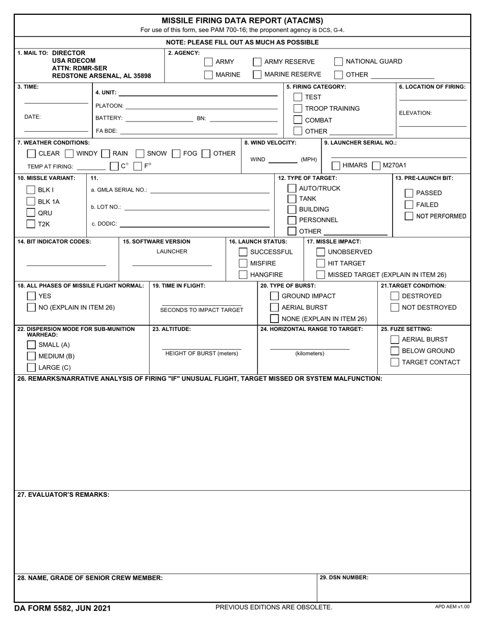 Da Form 5582 Download Fillable Pdf Or Fill Online Missile Firing Data 