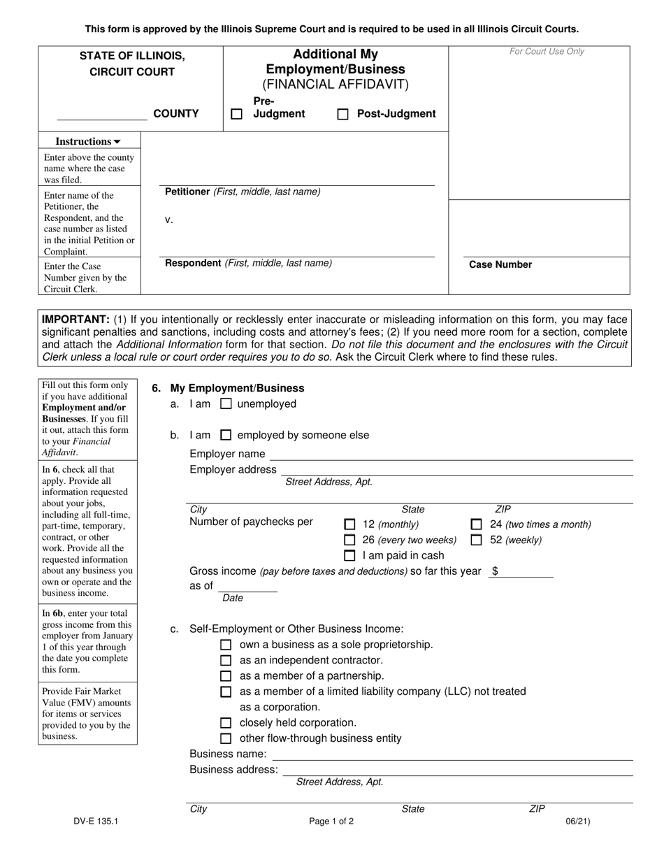 Form DV-E135.1 Additional My Employment / Business (Financial Affidavit) - Illinois, Page 1