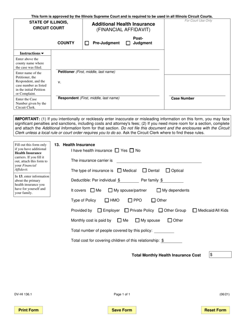 Form DV-HI136.1 Additional Health Insurance (Financial Affidavit) - Illinois