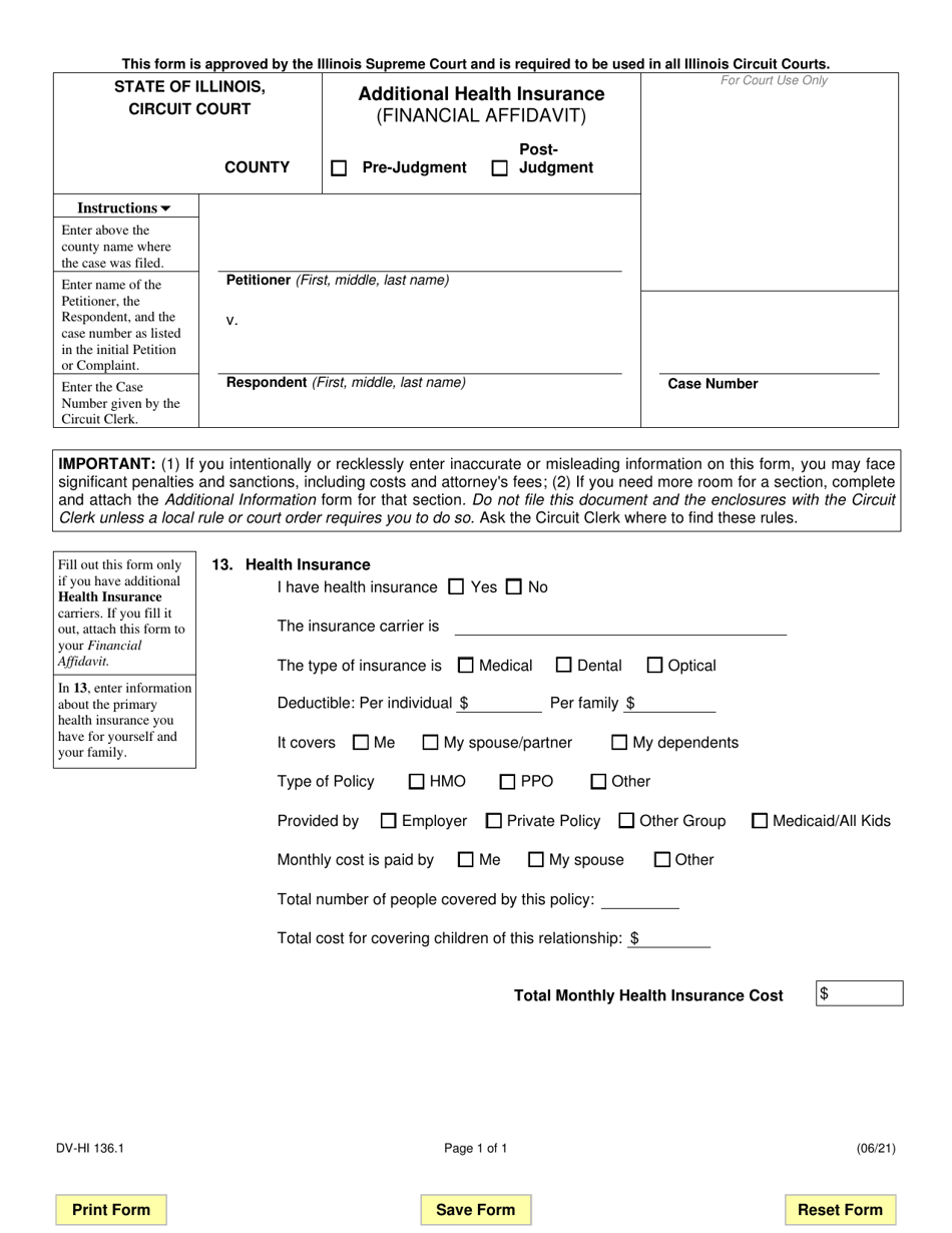 Form DV-HI136.1 Additional Health Insurance (Financial Affidavit) - Illinois, Page 1