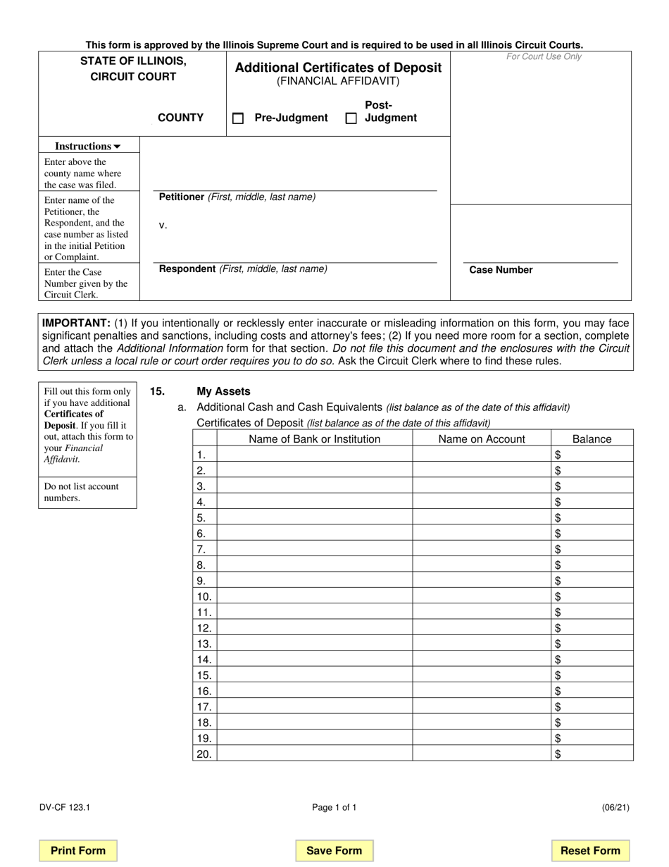 Form DV-CF123.1 Additional Certificates of Deposit (Financial Affidavit) - Illinois, Page 1
