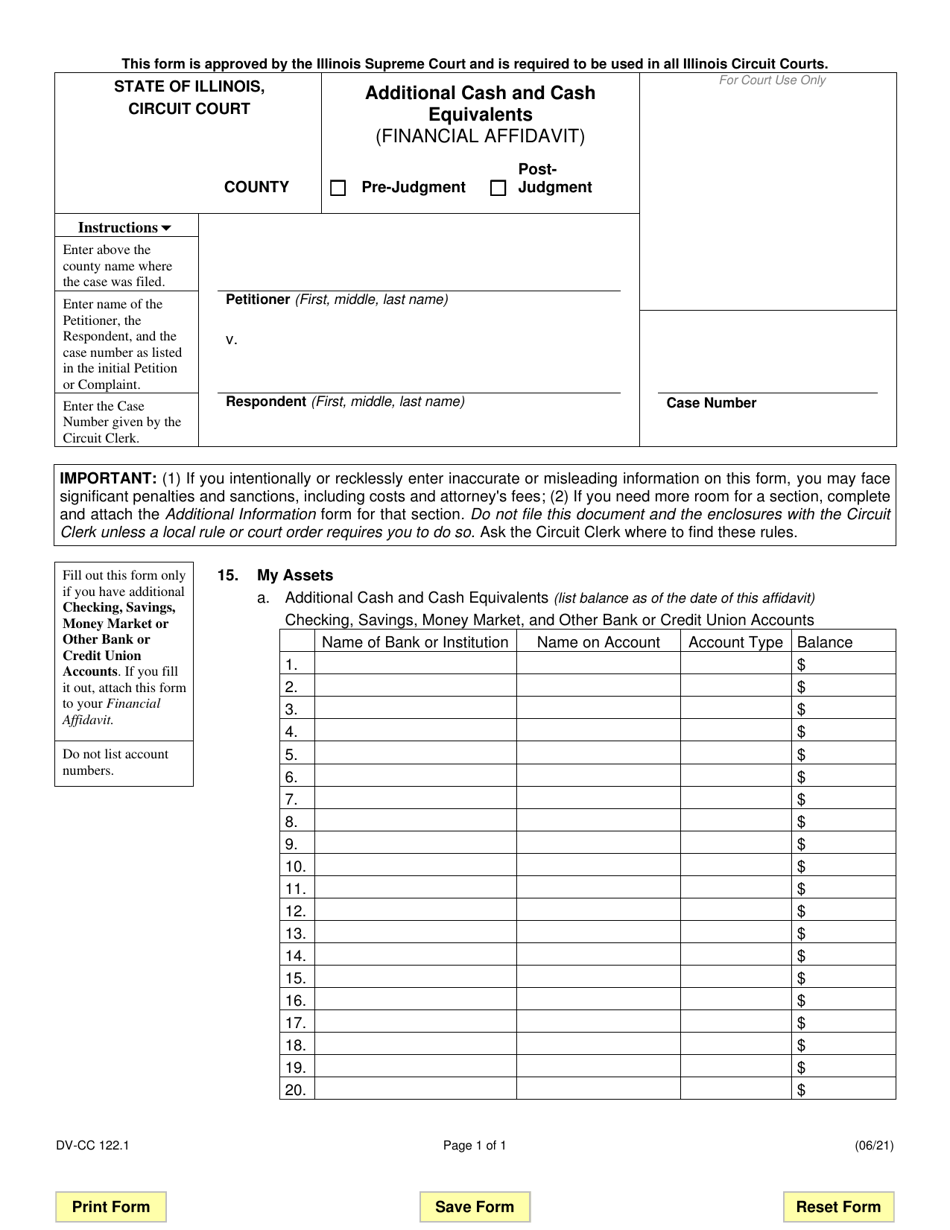 Form DV-CC122.1 Additional Cash and Cash Equivalents (Financial Affidavit) - Illinois, Page 1