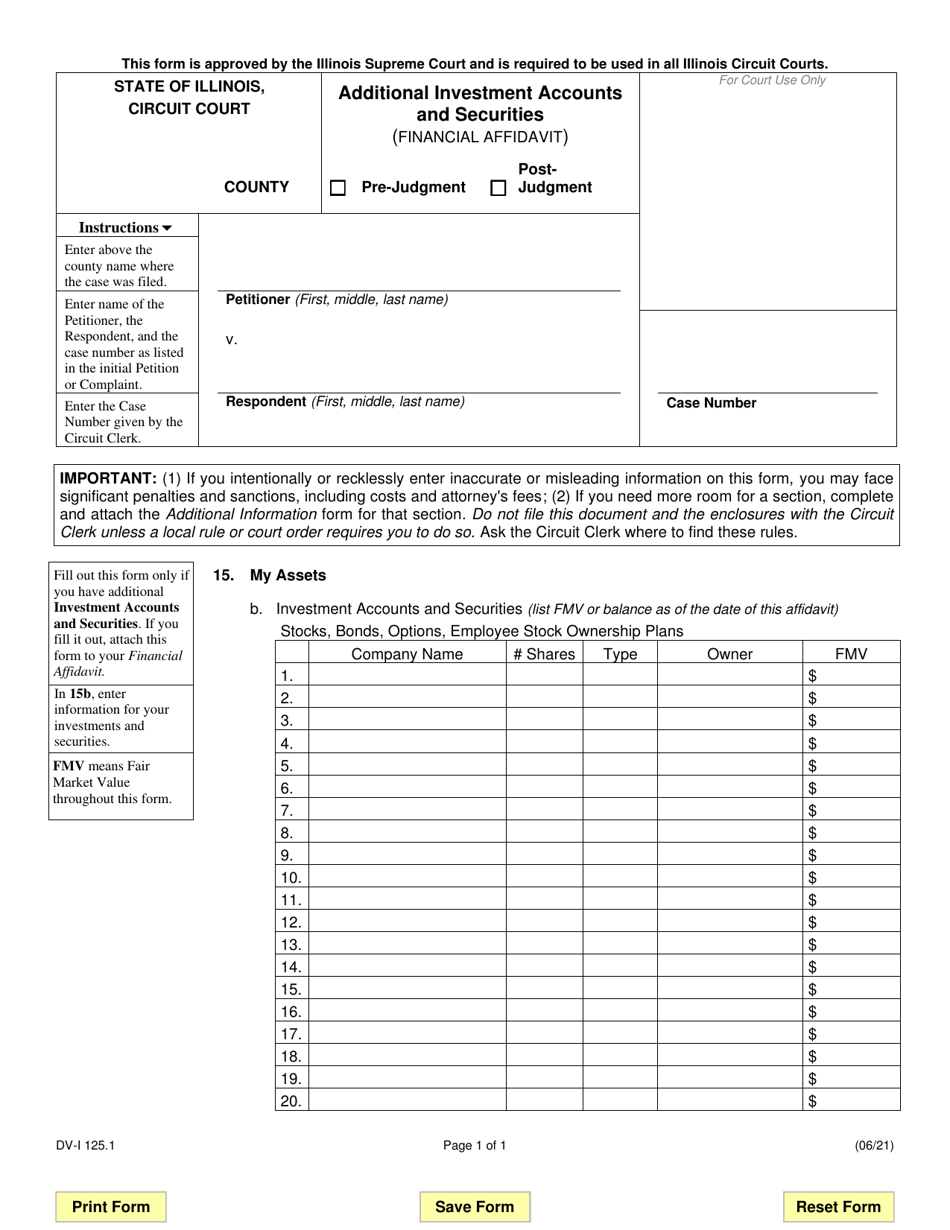 Form DV-I125.1 Additional Investment Accounts and Securities (Financial Affidavit) - Illinois, Page 1