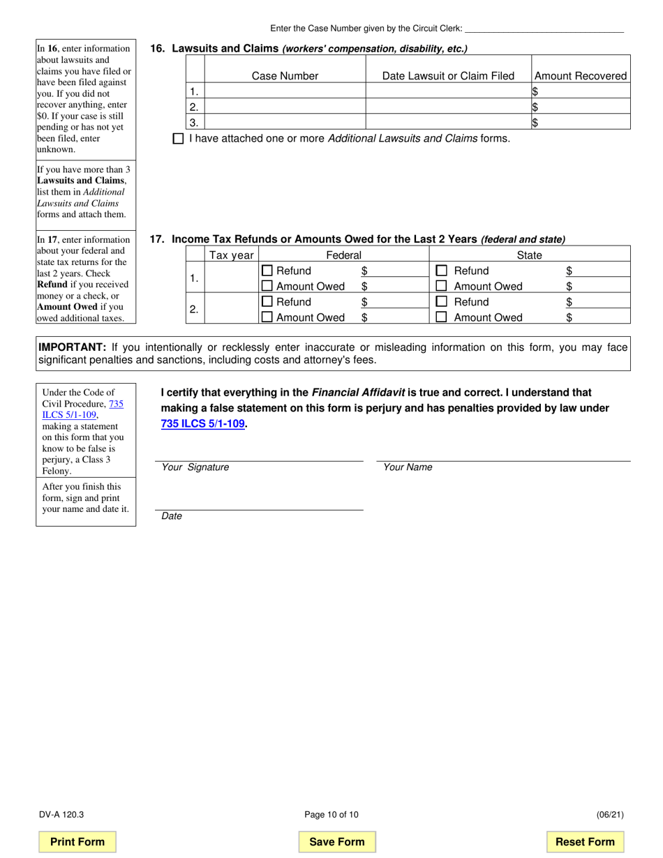 Form DV-A120.3 Financial Affidavit (Family  Divorce Cases) - Illinois, Page 10