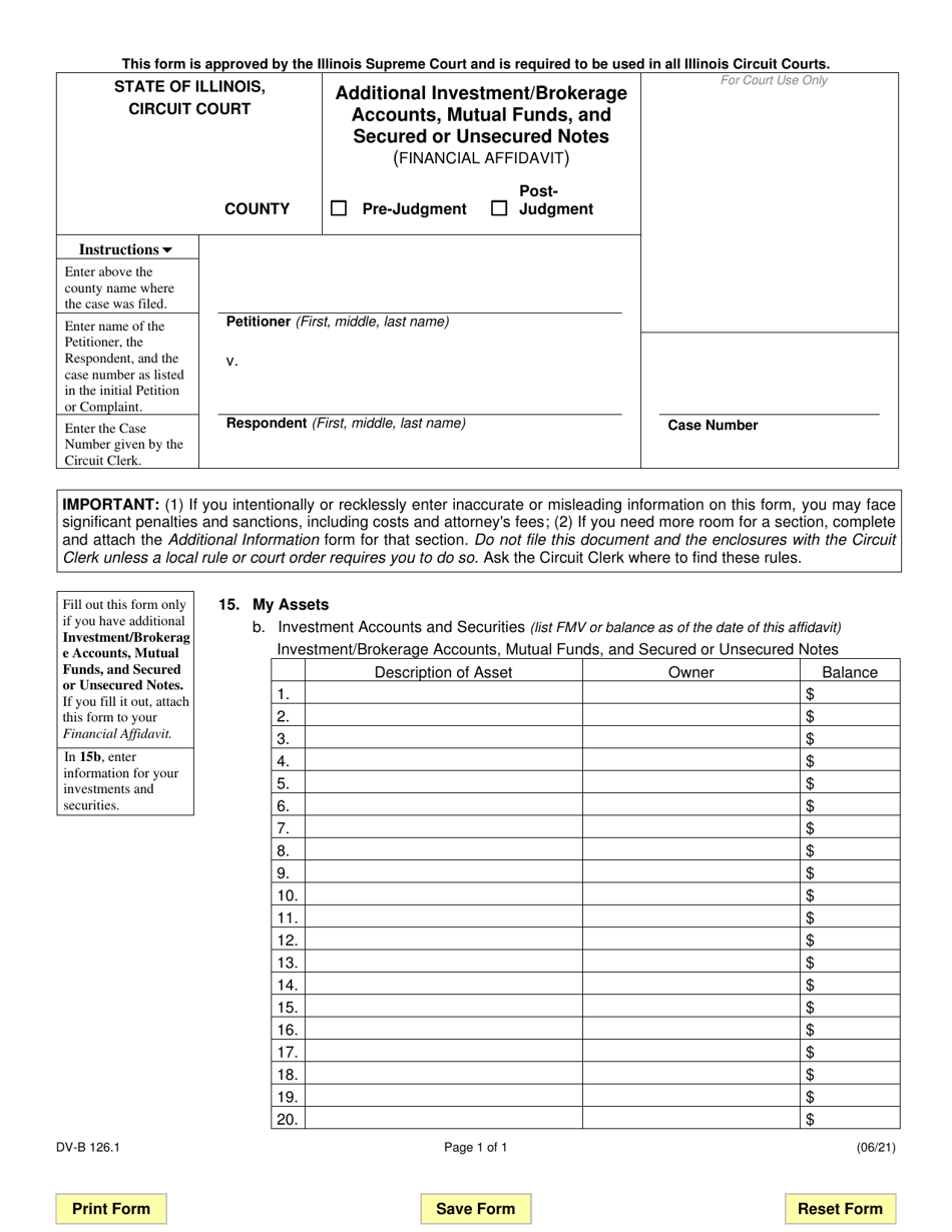 Form DV-B126.1 Additional Investment / Brokerage Accounts, Mutual Funds, and Secured or Unsecured Notes (Financial Affidavit) - Illinois, Page 1