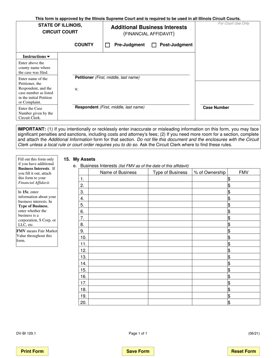 Form DV-BI129.1 Additional Business Interests (Financial Affidavit) - Illinois, Page 1