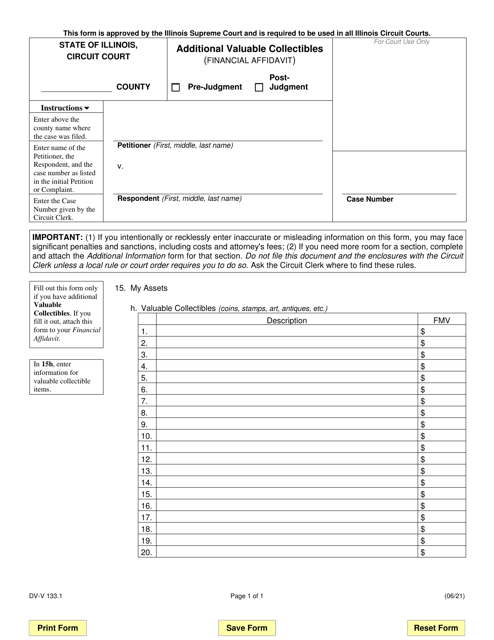 Form DV-V133.1 Additional Valuable Collectibles (Financial Affidavit) - Illinois