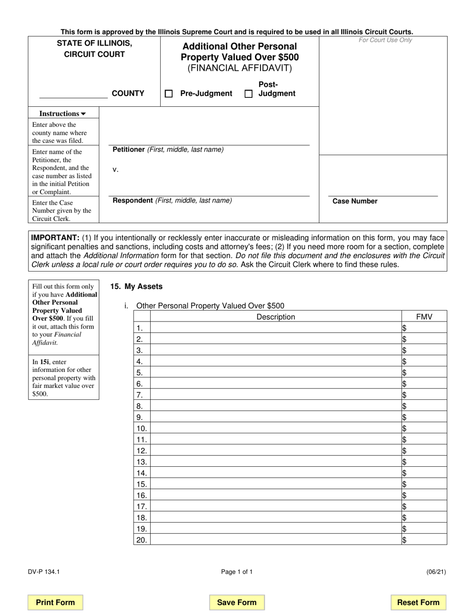 Form DV-P134.1 Additional Other Personal Property Valued Over $500 (Financial Affidavit) - Illinois, Page 1