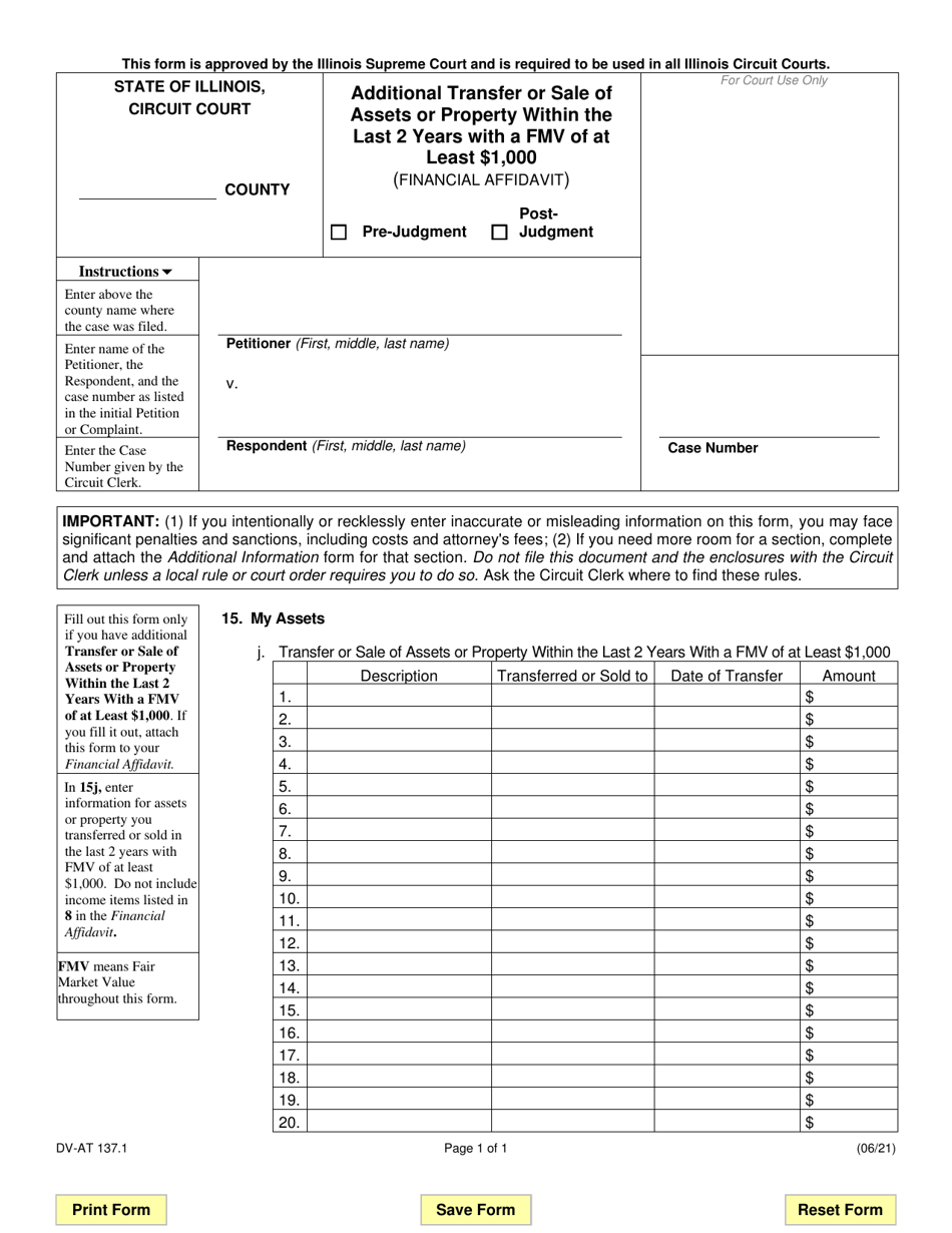 Form DV-AT137.1 Additional Transfer or Sale of Assets or Property Within the Last 2 Years With a Fmv of at Least $1,000 (Financial Affidavit) - Illinois, Page 1