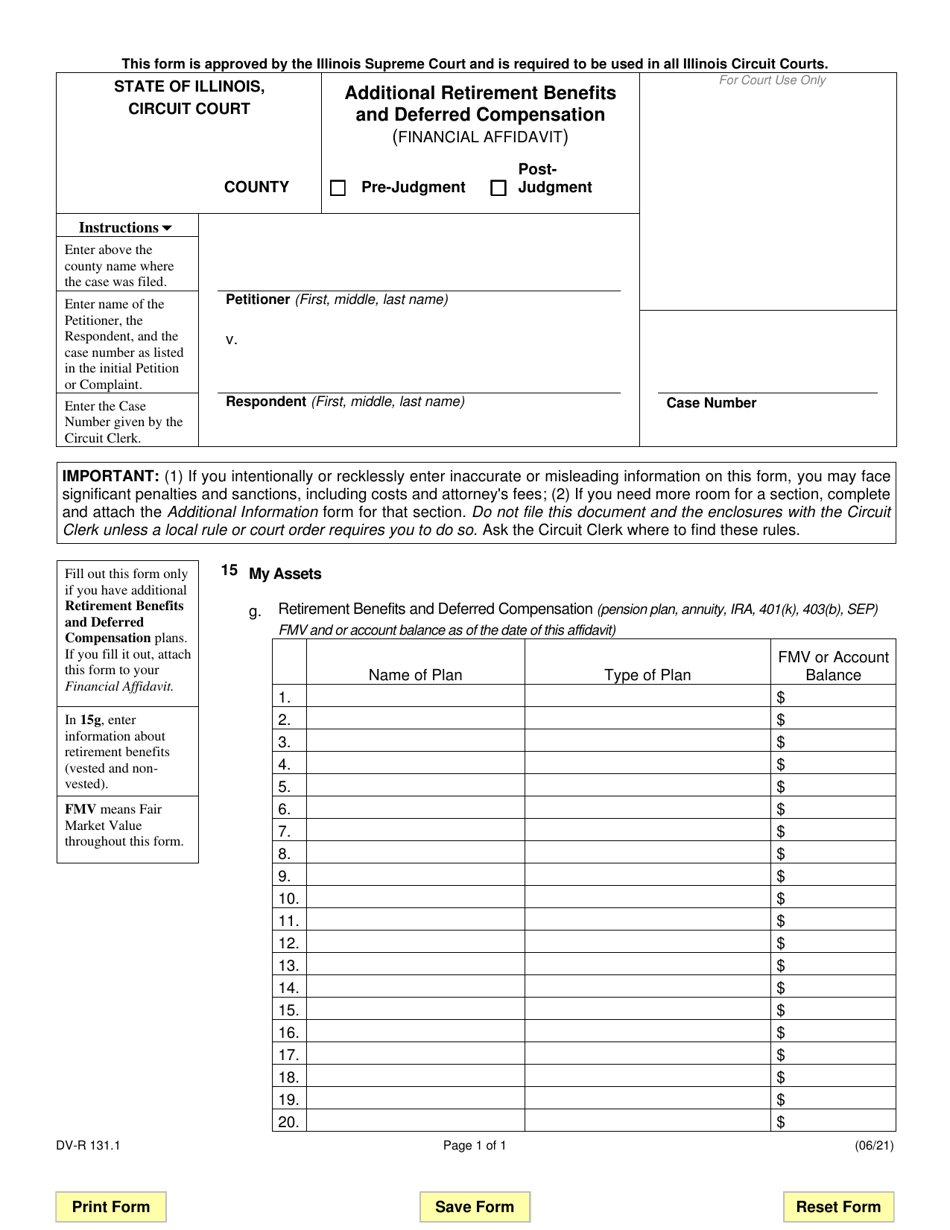 Form DV-R131.1 Additional Retirement Benefits and Deferred Compensation (Financial Affidavit) - Illinois, Page 1