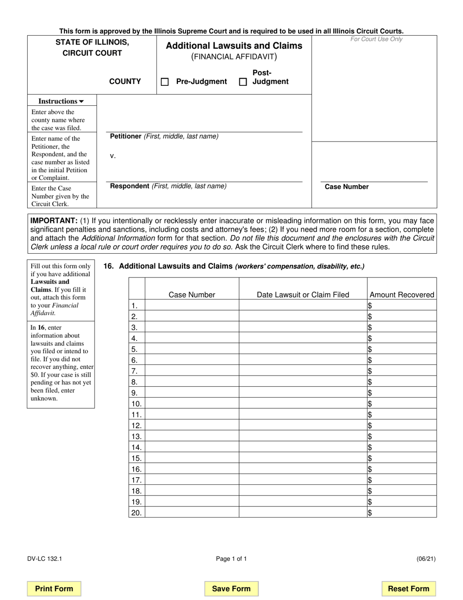 Form DV-LC132.1 Additional Lawsuits and Claims (Financial Affidavit) - Illinois, Page 1