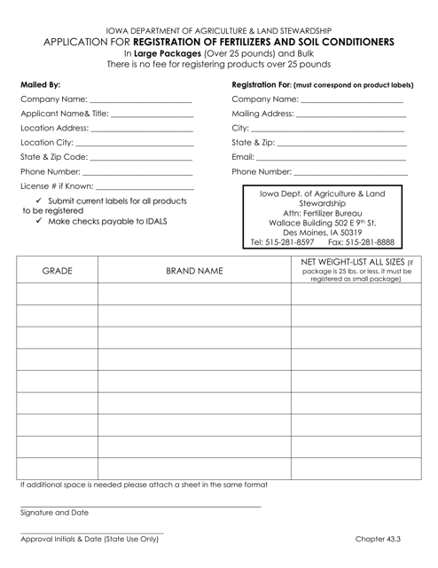 Application for Registration of Fertilizers and Soil Conditioners (Large Packages) - Iowa
