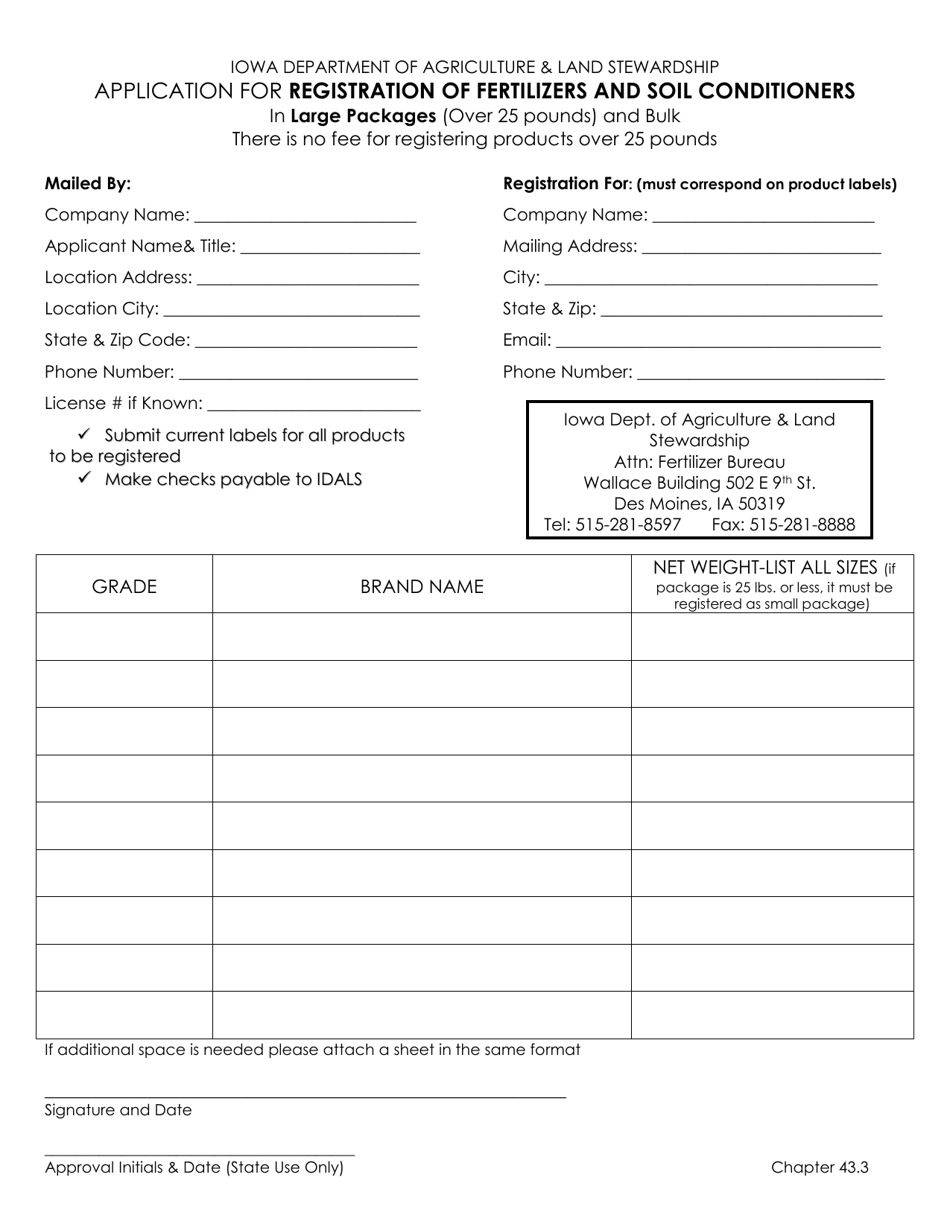 Application for Registration of Fertilizers and Soil Conditioners (Large Packages) - Iowa, Page 1