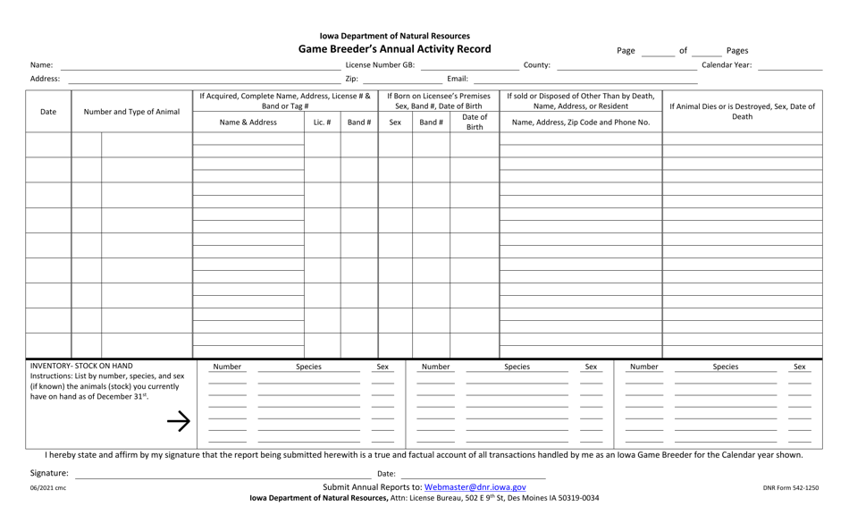 DNR Form 542-1250 Game Breeders Annual Activity Record - Iowa, Page 1