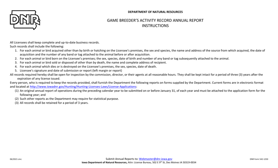 DNR Form 542-1250 Game Breeders Annual Activity Record - Iowa, Page 2