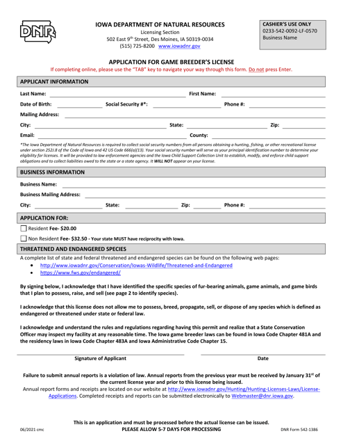 DNR Form 542-1386  Printable Pdf