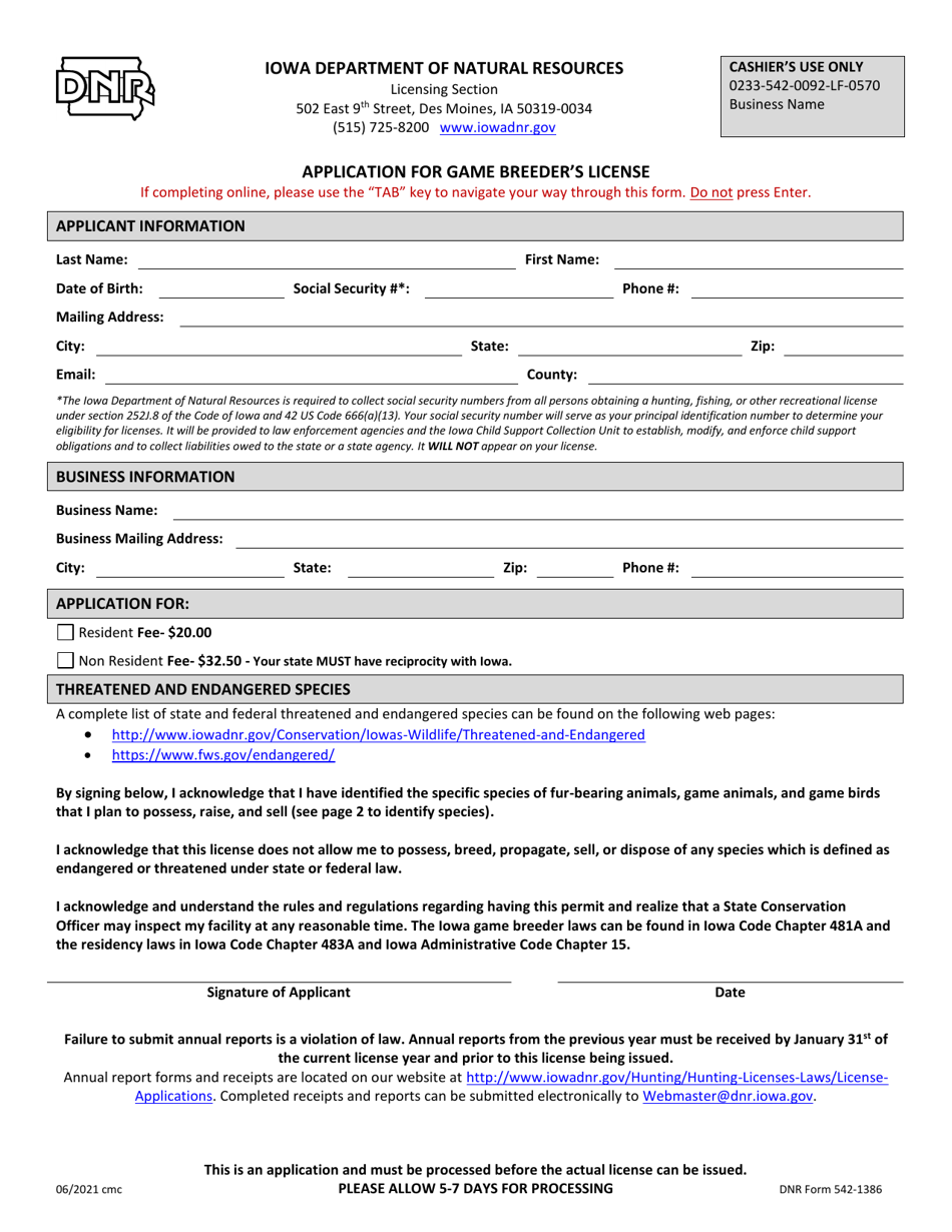 DNR Form 542-1386 Application for Game Breeders License - Iowa, Page 1