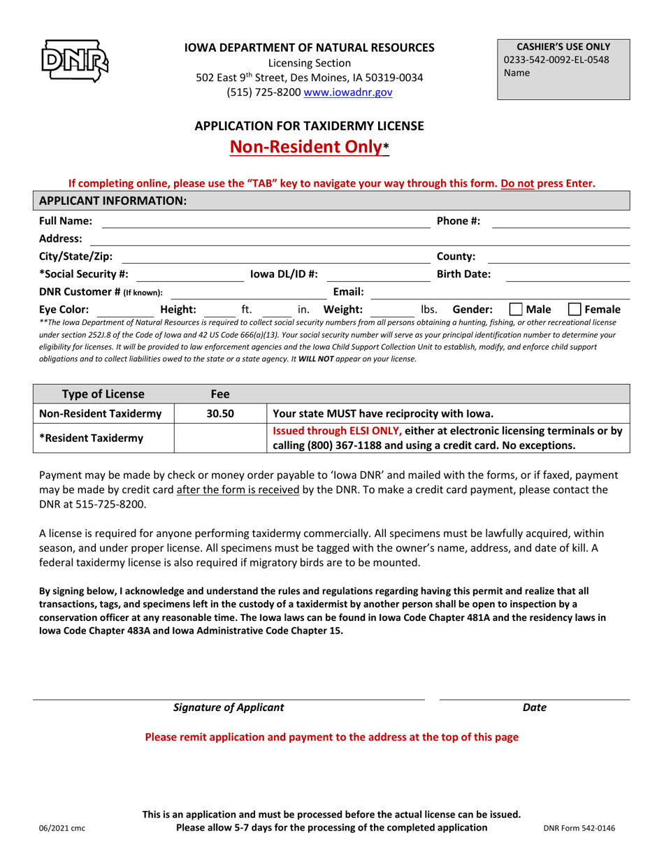 DNR Form 542-0146 Non-resident Application for Taxidermy License - Iowa, Page 1