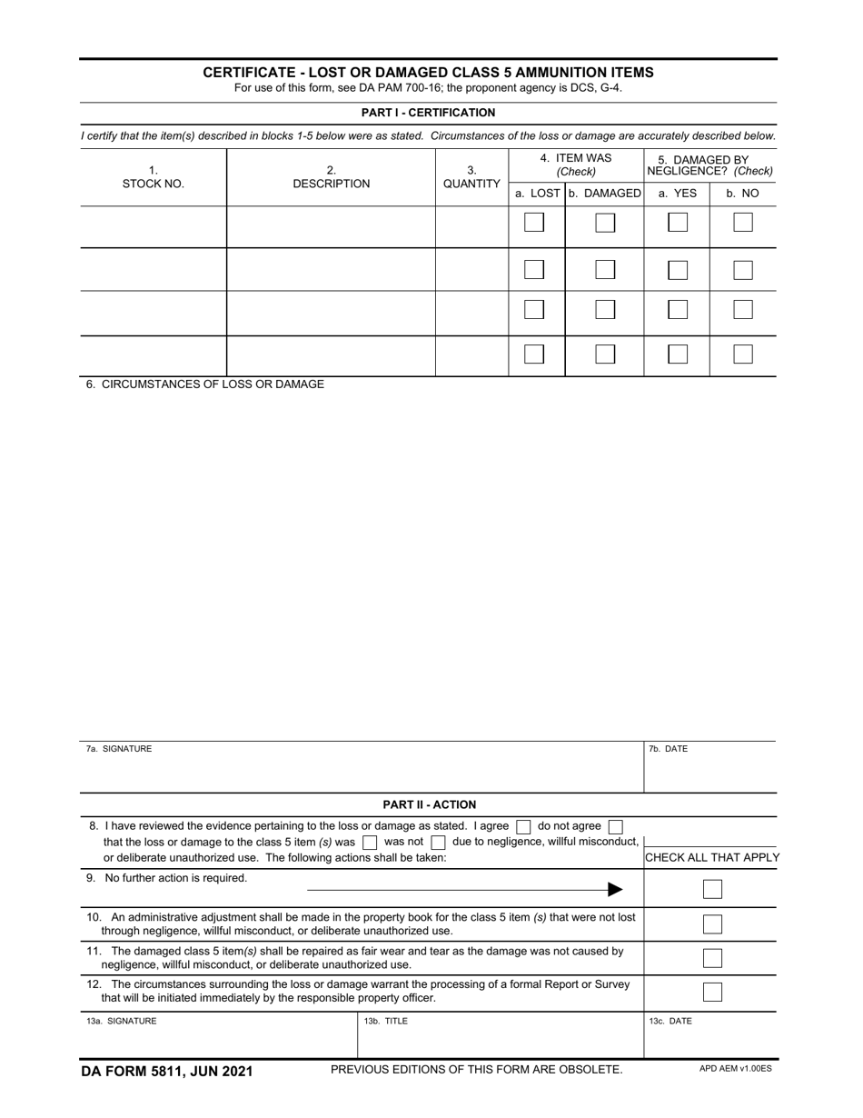 DA Form 5811 Certificate - Lost or Damaged Class 5 Ammunition Items, Page 1