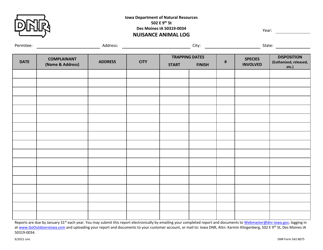 Document preview: DNR Form 542-8075 Nuisance Animal Log - Iowa