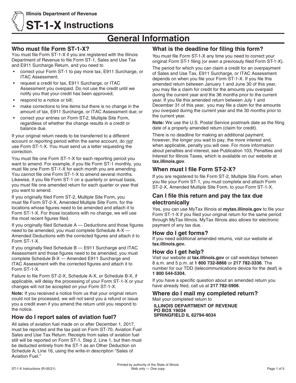 Instructions for Form ST-1-X, 003 Amended Sales and Use Tax and E911 Surcharge Return - Illinois, Page 1