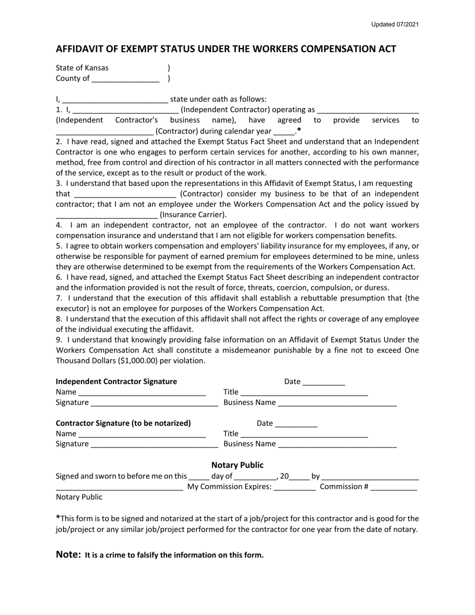 Affidavit of Exempt Status Under the Workers Compensation Act - Kansas, Page 1