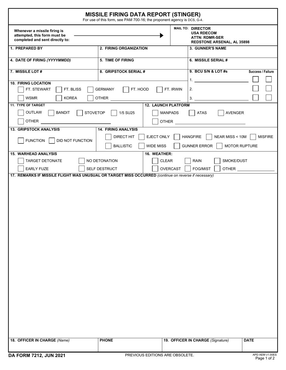 DA Form 7212 Missile Firing Data Report (Stinger), Page 1