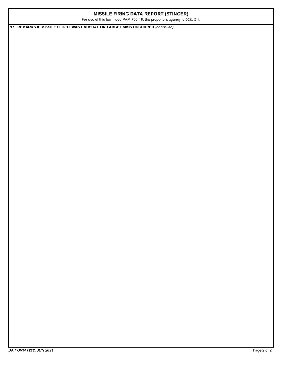 DA Form 7212 Missile Firing Data Report (Stinger), Page 2