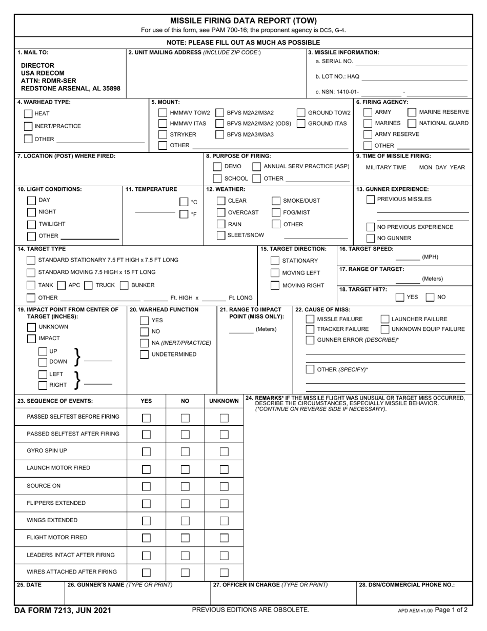 DA Form 7213 Missile Firing Data Report (Tow), Page 1