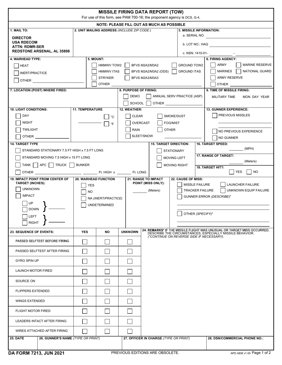 DA Form 7213 Download Fillable PDF or Fill Online Missile Firing Data Report (Tow) | Templateroller