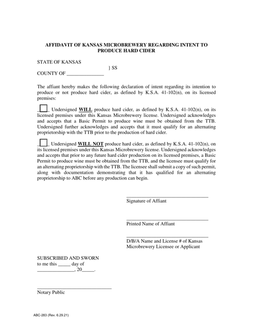 Form ABC-283 Affidavit of Kansas Microbrewery Regarding Intent to Produce Hard Cider - Kansas