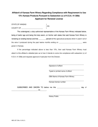 Document preview: Form ABC-257 Affidavit Regarding 15% of Products Made in Kansas - Renewal of License - Kansas