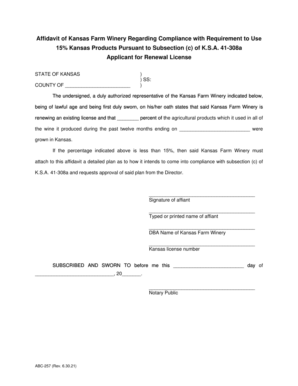 Form ABC-257 Affidavit Regarding 15% of Products Made in Kansas - Renewal of License - Kansas, Page 1