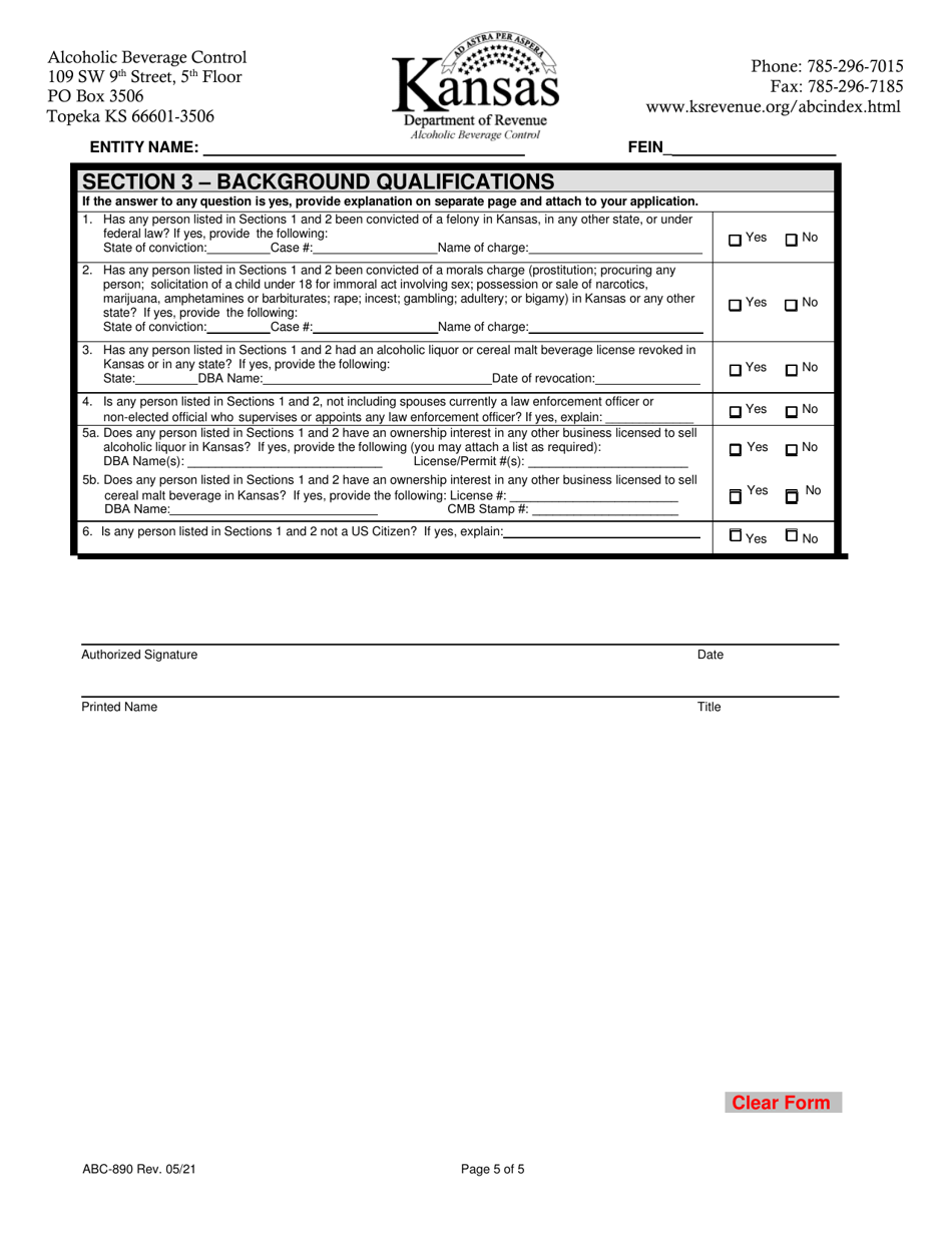 Form ABC-890 Kansas Liquor License Ownership - Kansas, Page 5