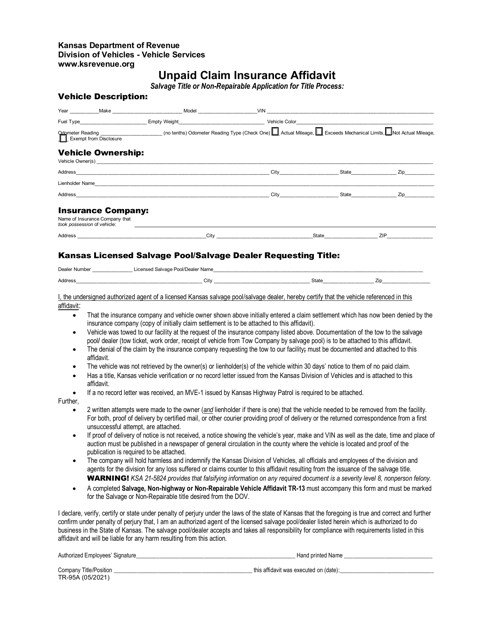 Form TR-95A Unpaid Insurance Claim Affidavit - Kansas