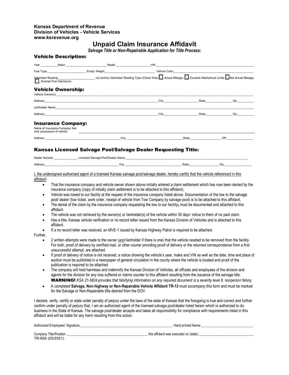 Form TR-95A Unpaid Insurance Claim Affidavit - Kansas, Page 1