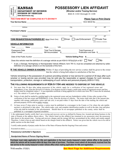 Form TR-85 Possessory Lien Affidavit - Kansas
