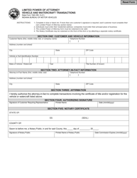 State Form 1940 &quot;Limited Power of Attorney Vehicle and Watercraft Transactions&quot; - Indiana
