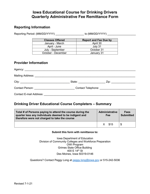 Iowa Educational Course for Drinking Drivers Quarterly Administrative Fee Remittance Form - Iowa Download Pdf