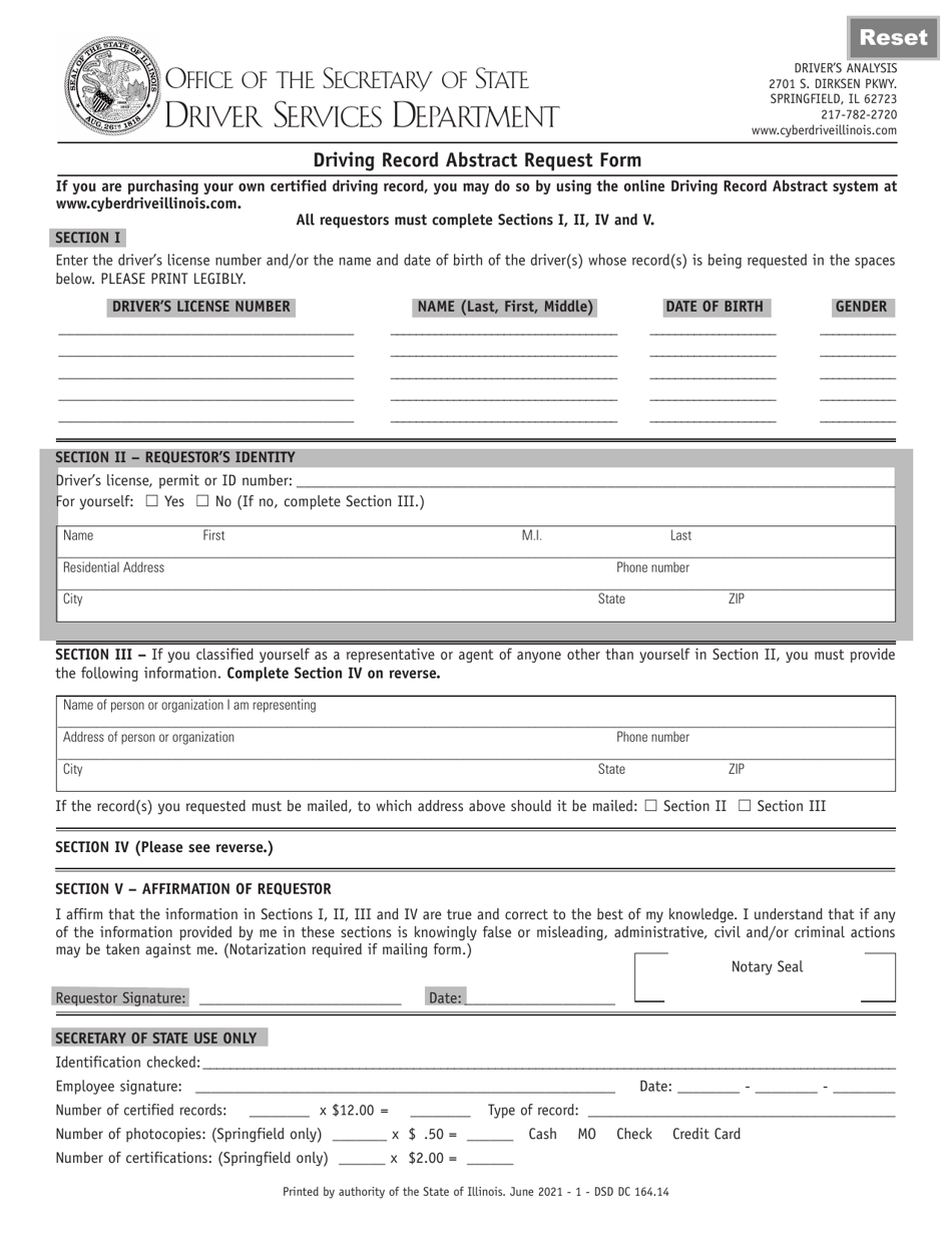 Form DSD DC164 Driving Record Abstract Request Form - Illinois, Page 1