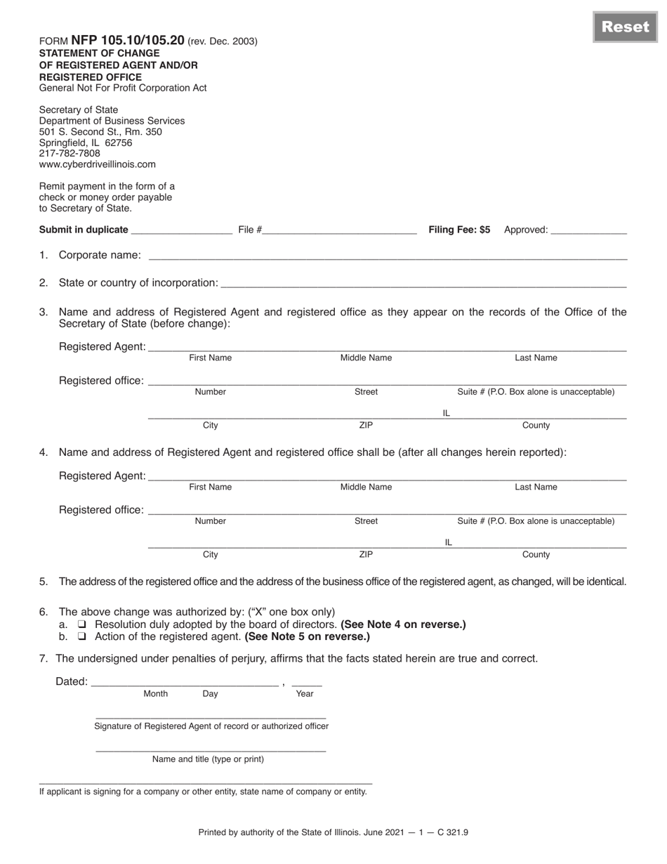 Form NFP105.10/105.20 Statement of Change of Registered Agent and/or Registered Office - Illinois, Page 1