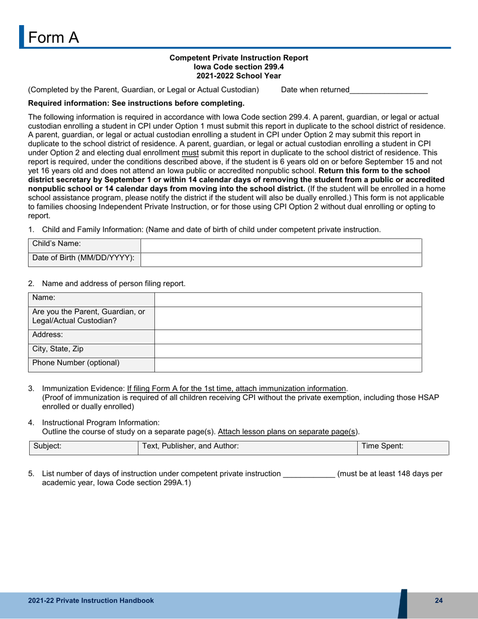 Form A Competent Private Instruction Report - Iowa, Page 1