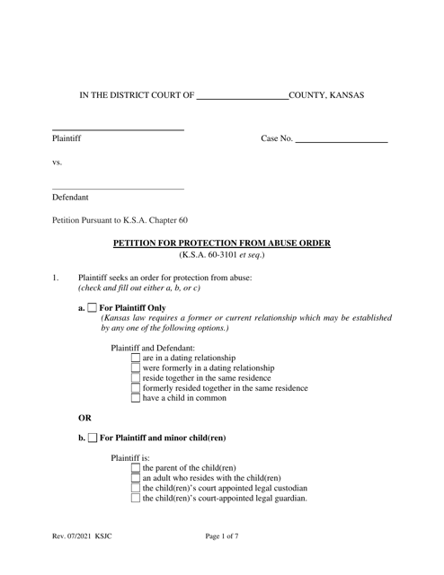 Petition for Protection From Abuse Order - Kansas Download Pdf