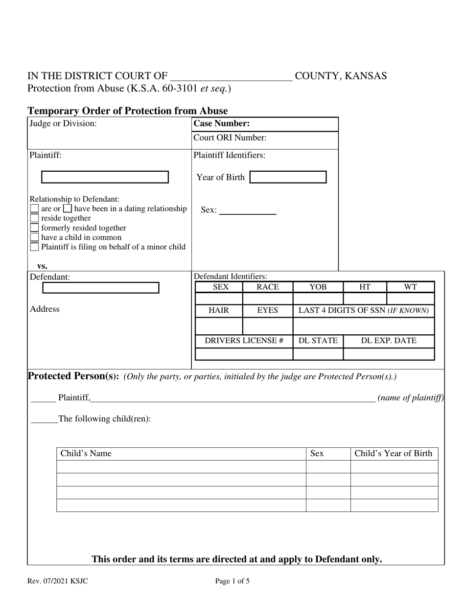 Kansas Temporary Order of Protection From Abuse Download Fillable PDF Templateroller