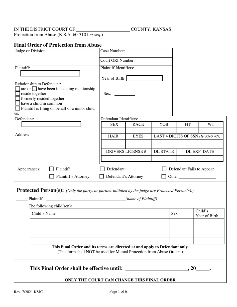 Kansas Final Order of Protection From Abuse Download Fillable PDF