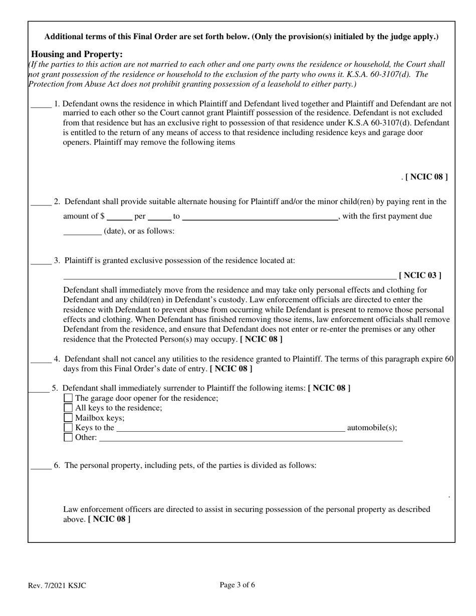Final Order of Protection From Abuse - Kansas, Page 3