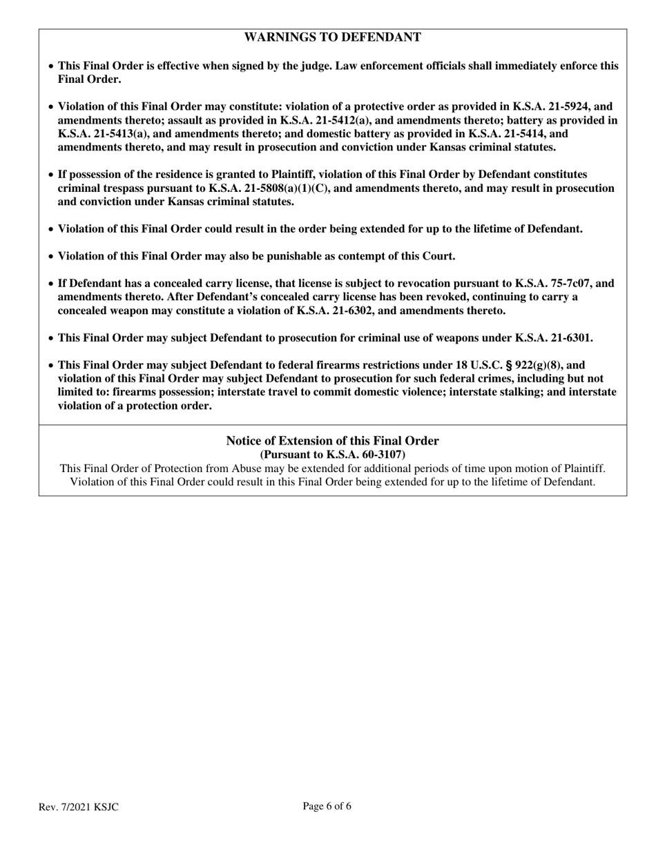 Final Order of Protection From Abuse - Kansas, Page 6